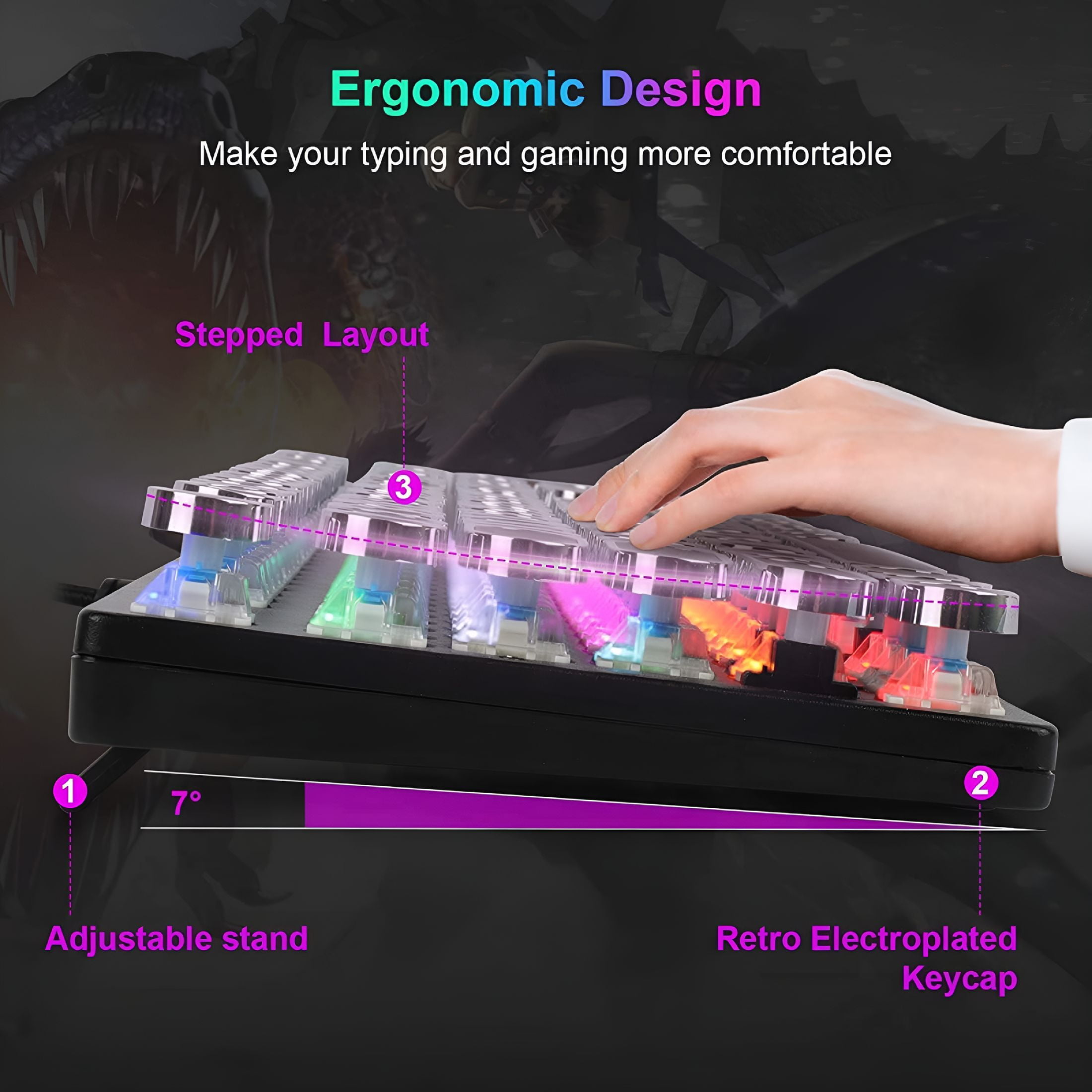 GJX Mechanical Gaming Keyboard Typewriter Style with RGB LED Rainbow Backlit Blue Switch Retro Steampunk Round Keycaps for Windows Gaming PC (87 Keys)