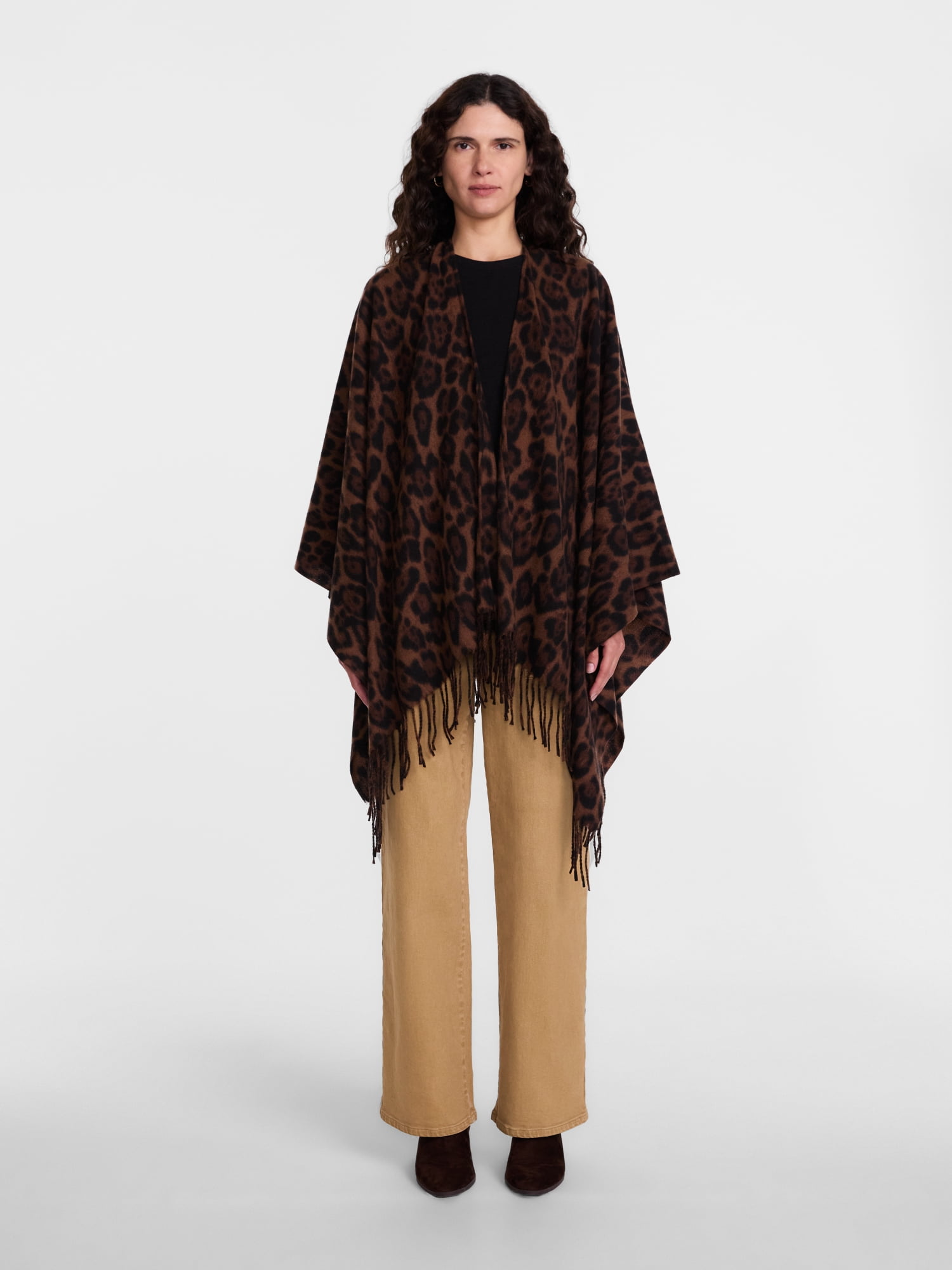 Scenario Women's Fringe Ruana, Mid-weight, Brown Leopard