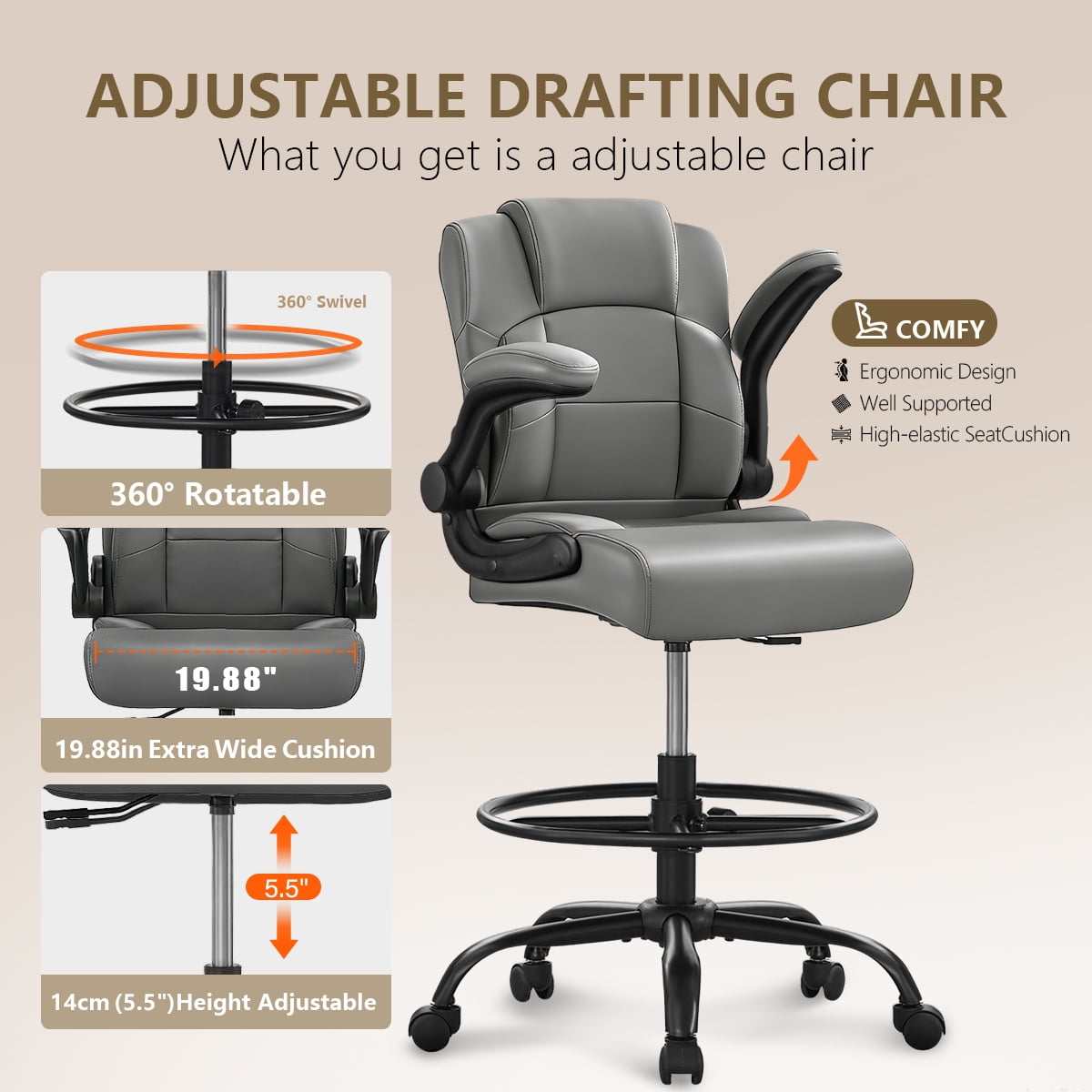 JONPONY 500 lbs Tall Office Chair with Flip-up Armrests for Standing Desk Executive Ergonomic Computer Leather Desk Chair with Lumbar Support, Adjustable Foot Ring for Home,GREY