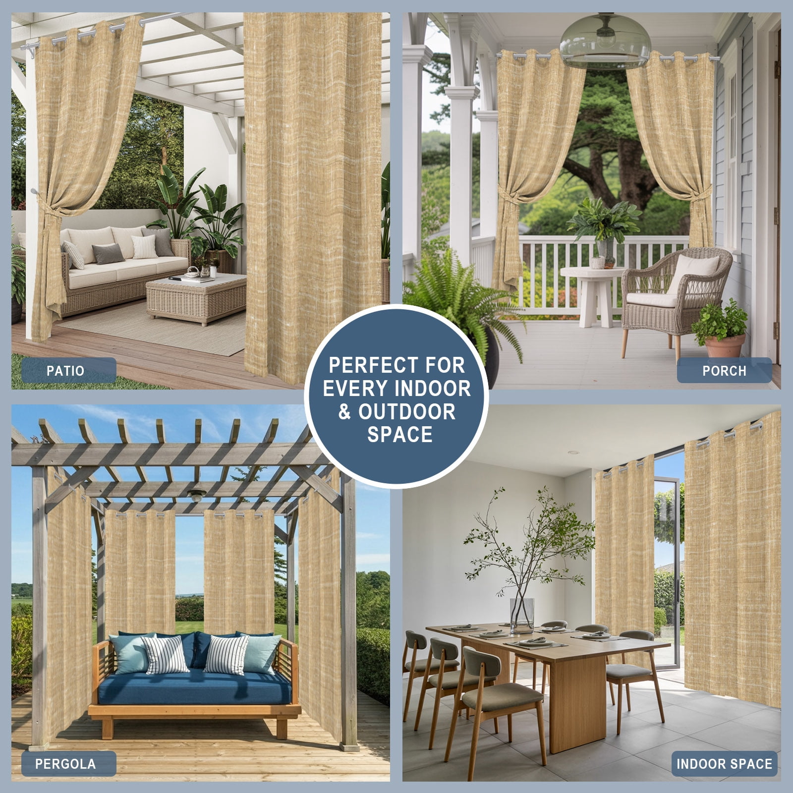 Khaki Outdoor Curtains for Patio, Abstract Modern Farmhouse Solid Color Sunshade Privacy Drapes Grommet Waterproof Outside Curtains for Porch/Cabana/Balcony 54"x 108", 1 Panel