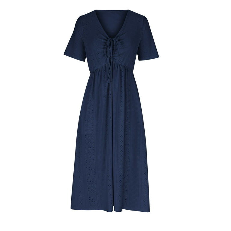Wiyuqeen Womens Tie Front Eyelet Dresses Casual V Neck Short Sleeve Maxi Dresses Summer Smocked Solid Dresses Trendy Loose Empire Dresses with Pockets Wiyuqeen Womens Tie Front Eyelet Dresses Casual V Neck Short Sleeve Maxi Dresses Summer Smocked Solid Dresses Trendy Loose Empire Dresses with Pockets