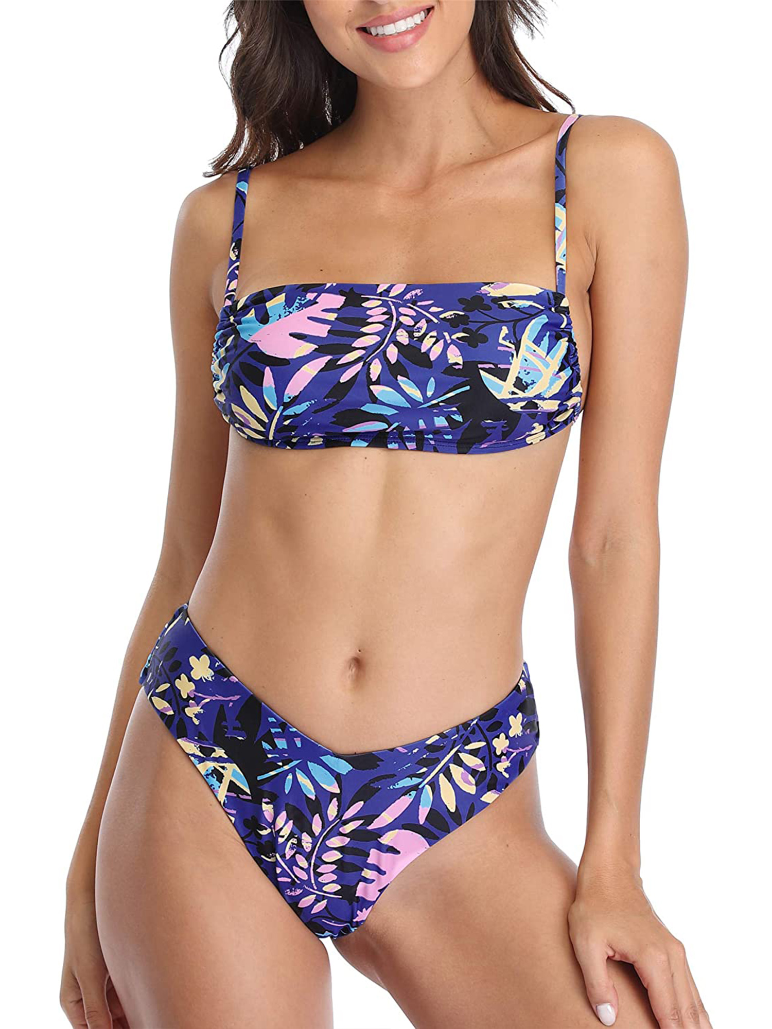 Women's Bikini Set Leaf Print Bandeau Thong Swimsuit - image 1 of 6