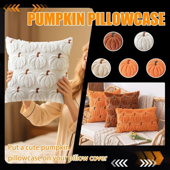 Pumpkin Print Pillow Case Halloween Decor,Soft Plush Fabric with Embroidered Accent,Multi-Size Cover for Spooky Couch Sofa Bedroom Display Beige 20 x 20 Inch