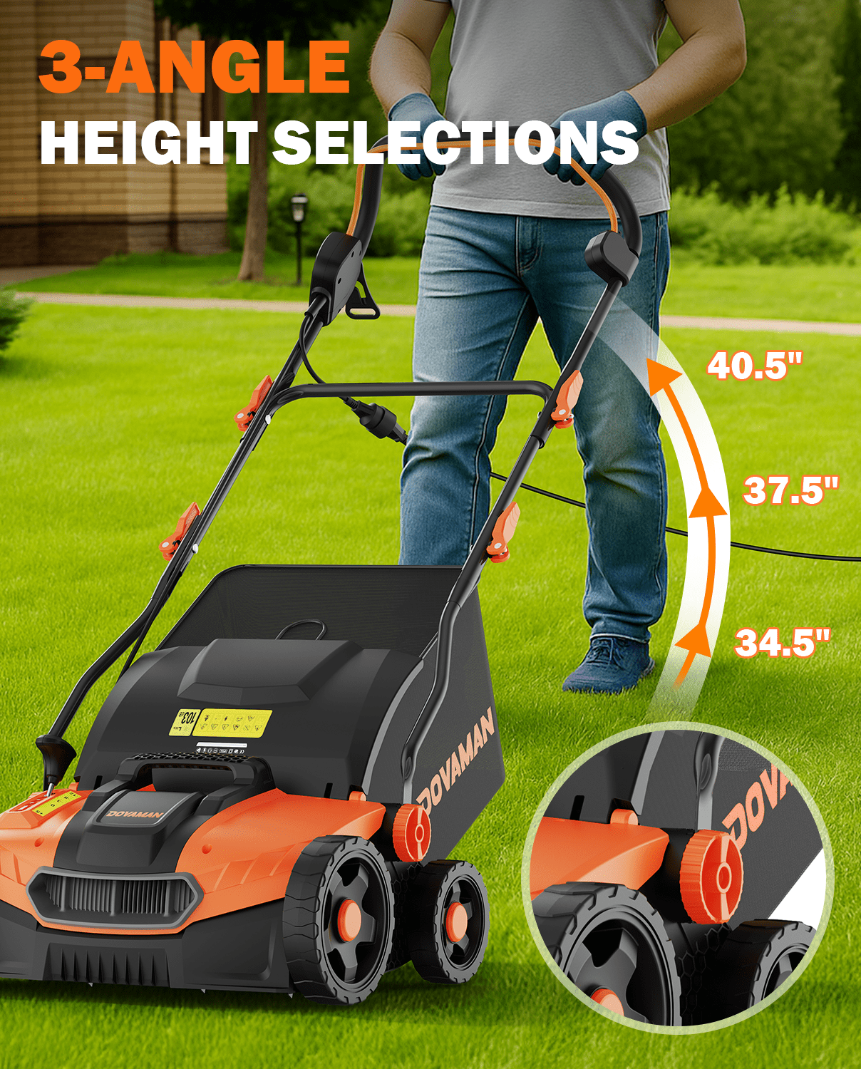 DOVAMAN Electric Lawn Dethatcher & Scarifier, 16-Inch 15A 2-in-1 Corded Tool with 5-Position Depth Adjustment and 12-Gal Collection Bag