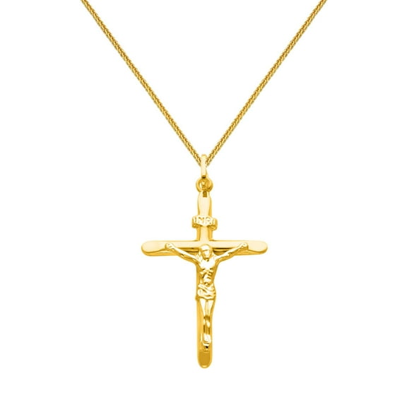 Wellingsale 14k Yellow Gold Polished Catholic Crucifix Cross Charm Pendant with 0.8mm Braided Square Wheat Chain Necklace - 16"