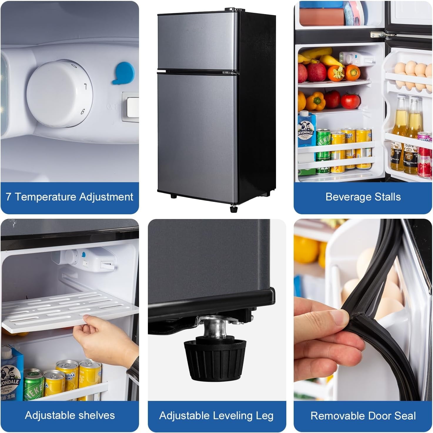 GGTB 2.5 Cu.ft Compact Refrigerators Double Door Mini Fridge with Top Freezer, 7-Level Adjustable Thermostat for Dorm Bedroom Office, Silver