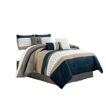 11-Pc Jasper Embroidery Pleated Stripe Embossed Square Comforter Curtain Set Navy Beige White Gray Queen