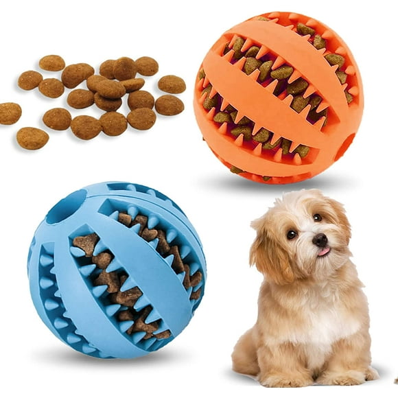 Dispensador de premios interactivo para perros, azul y naranja (paquete de 2) - Pelota de goma para cachorros y perros pequeños - Aburrimiento - Limpieza dental - Entrenamiento de inteligencia (6 cm)