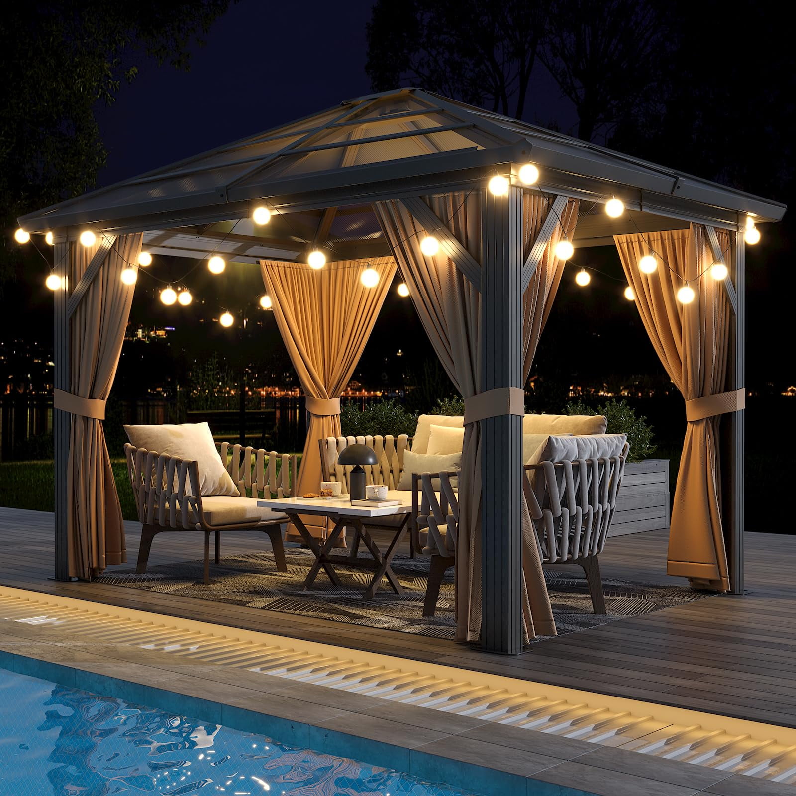 10' x 12' Hardtop Gazebo Outdoor Polycarbonate Patio Double Top Canopy Galvanized Iron Aluminum Column Garden Tent Curtains Netting for Backyards Decks Lawns