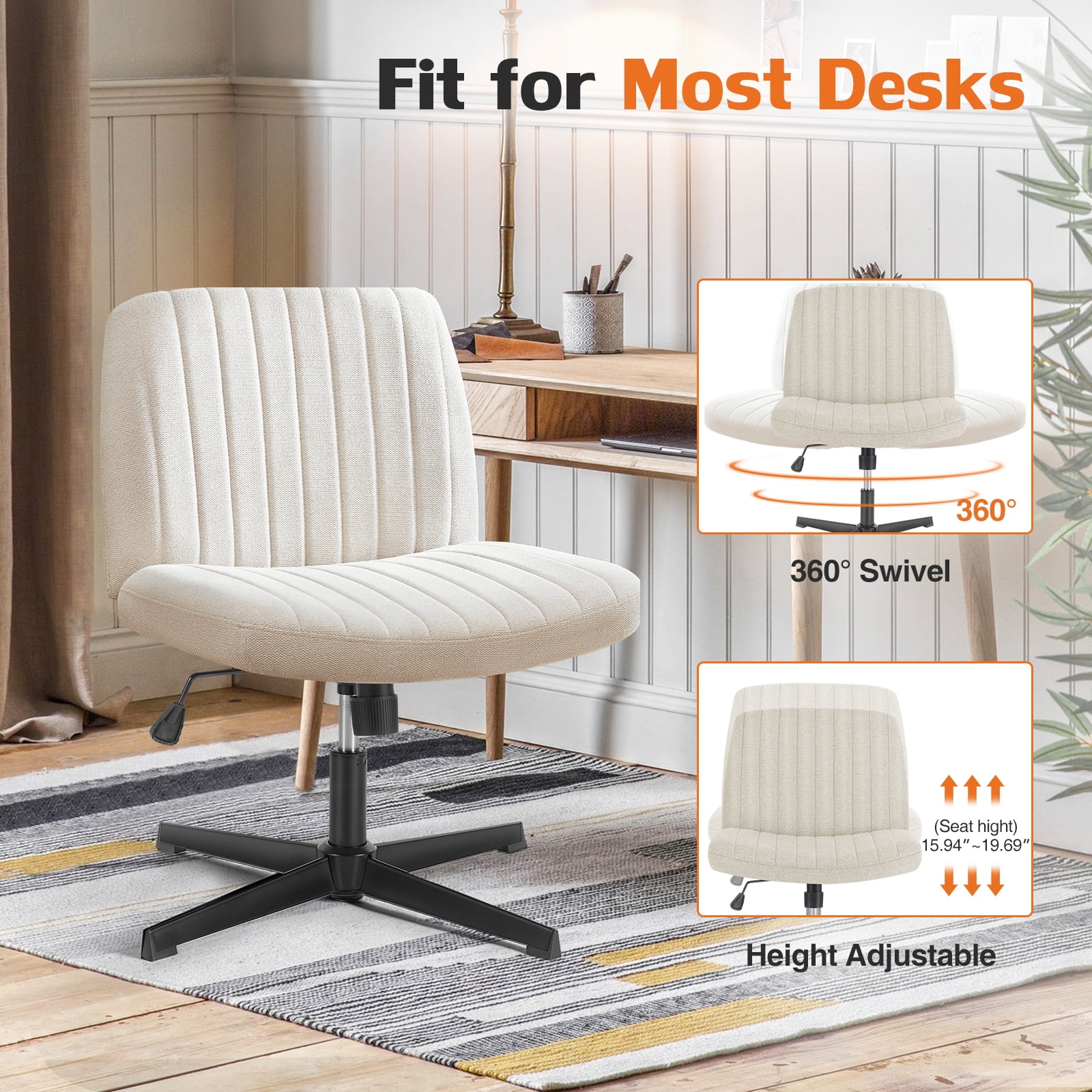 MAYEERTY Armless Criss Cross Chair Office Chair Vanity Chair for Bedroom Office, Beige