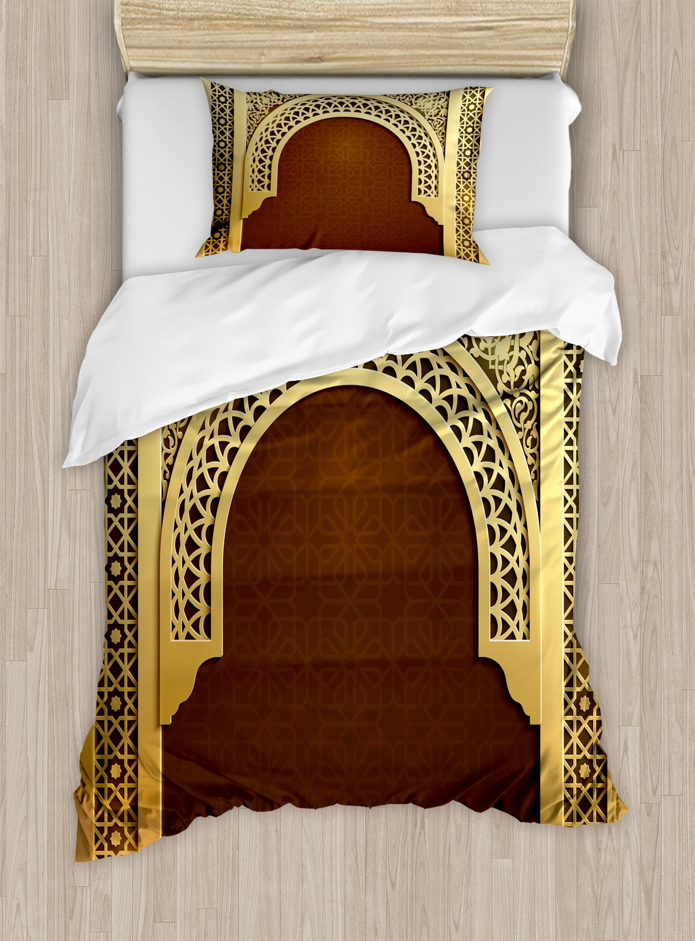 Moroccan Twin Size Duvet Cover Set, Middle Eastern Ramadan Greeting Scroll Arch... by Kozmos