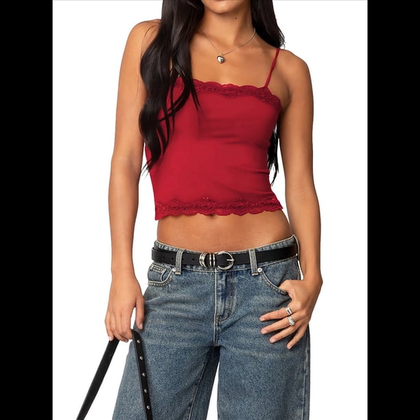 Camiseta Sin Mangas para Mujer, con Tirantes Finos Ajustables, Camisola Corta con Ribete de Encaje, Estilo Y2K, para Salir en Verano. Rojo S