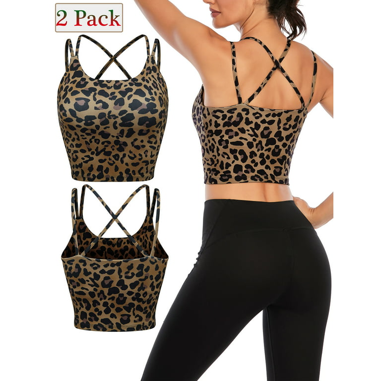 2PCS Padded Sports Bra Athletic Tank Tops Bustier Bra Yoga Crop Cami  Sleeveless Leopard Printed Sexy Crop Top Scoop Neck Camisole 