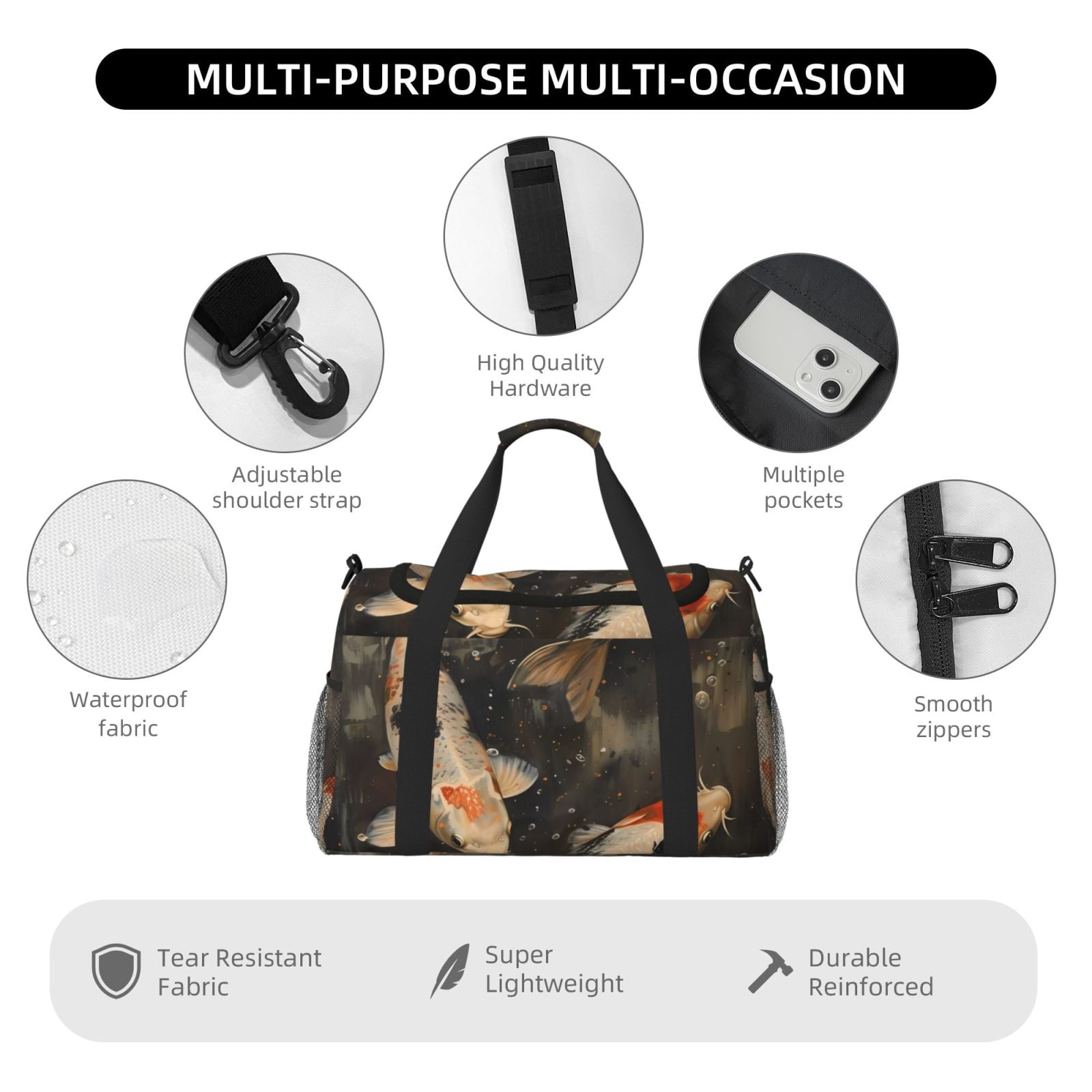 Fuzoiu Koi Fish Tranquility Print Travel Duffle Bag,Carry On Tote Bags,Duffel Bag,Sport Gym Bag, Hospital Bag for Labor and Delivery, Overnight Bag,Luggage Bag