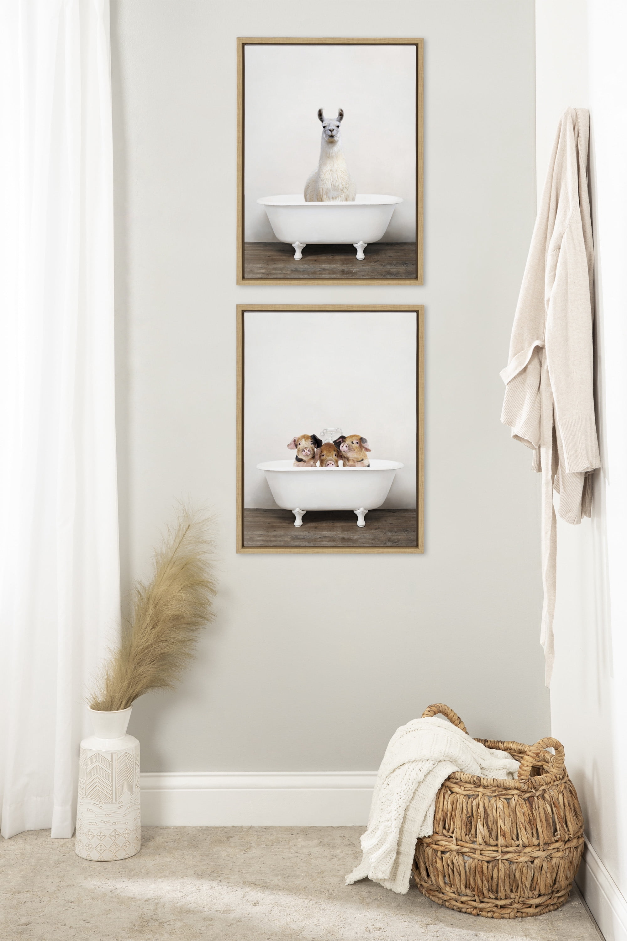 Kate and Laurel Sylvie Alpaca in the Tub Color Framed Canvas Wall Art by Amy Peterson Art Studio, 18x24 Natural, Modern Fun Decorative Bathtub Wall Art for Home Décor