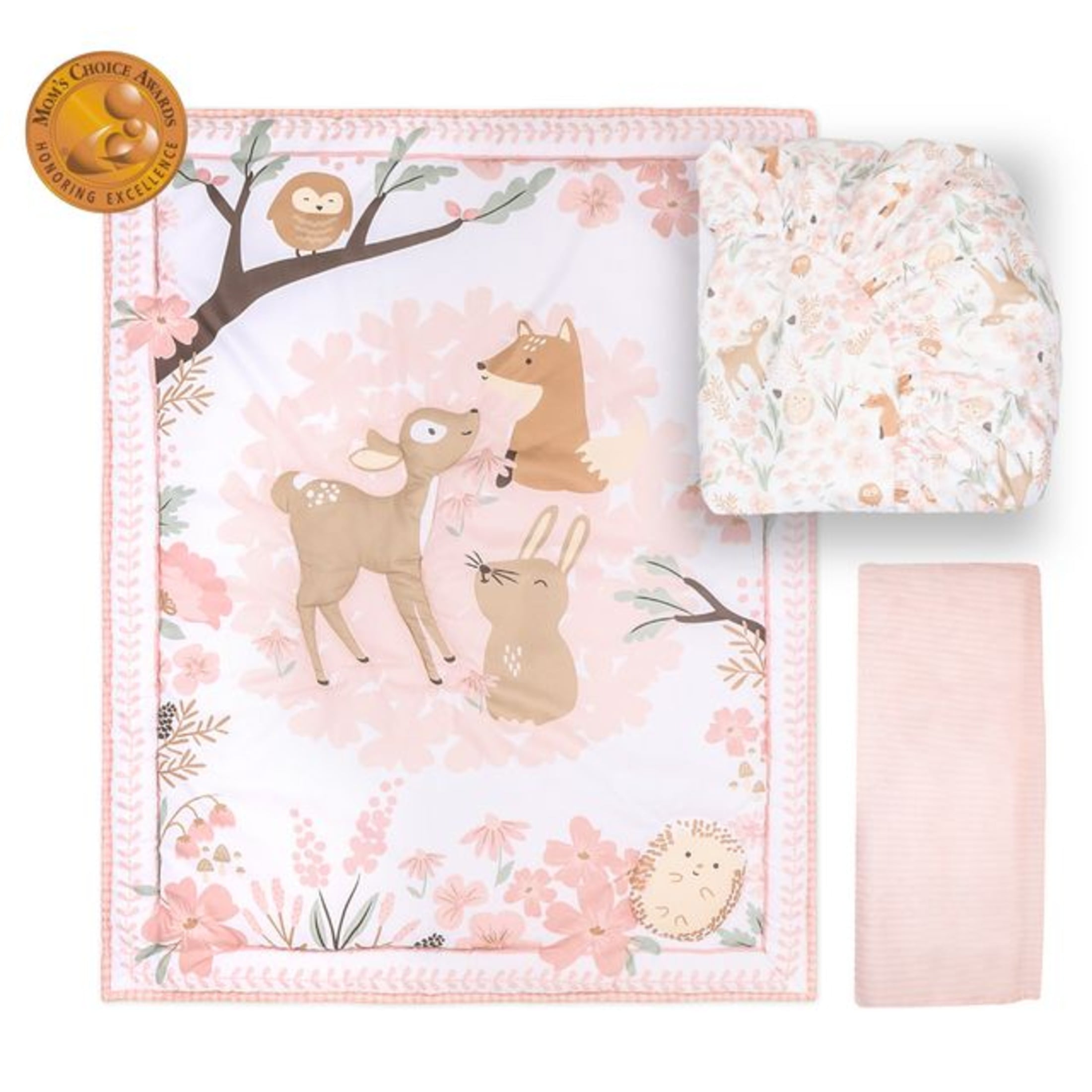 The Peanutshell Pink and White Fairytale Forest Crib Bedding Set for Baby Girls, 3 Piece Nursery Set