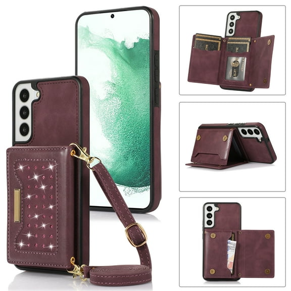 Feishell Crossbody Wallet Women Case for Samsung S22,[RFID Blocking] Credit Card Holder Phone Case with Strap,PU Leather Purse with Lanyard Bling Flip Cover for Samsung Galaxy S22, Wine Red