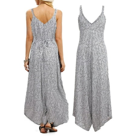 Womens Plus Size Casual Strap Striped Wide Legs Holiday Beach Jumpsuit Rompers