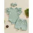 thumbnail image 3 of Bslissey Baby Girls Cute Shorts Sets Floral Print Short Sleeve Romper Tops + Drawstring Shorts + Bow Headband 3Pcs Outfits Infant Casual Daily Summer Clothes 0-18M, 3 of 9