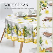 Lemon Floral Wreath Round Tablecloth Waterproof & Washable Table Cover Polyester Table Cloth for Kitchen Dining Tablet Party Dining Tablet