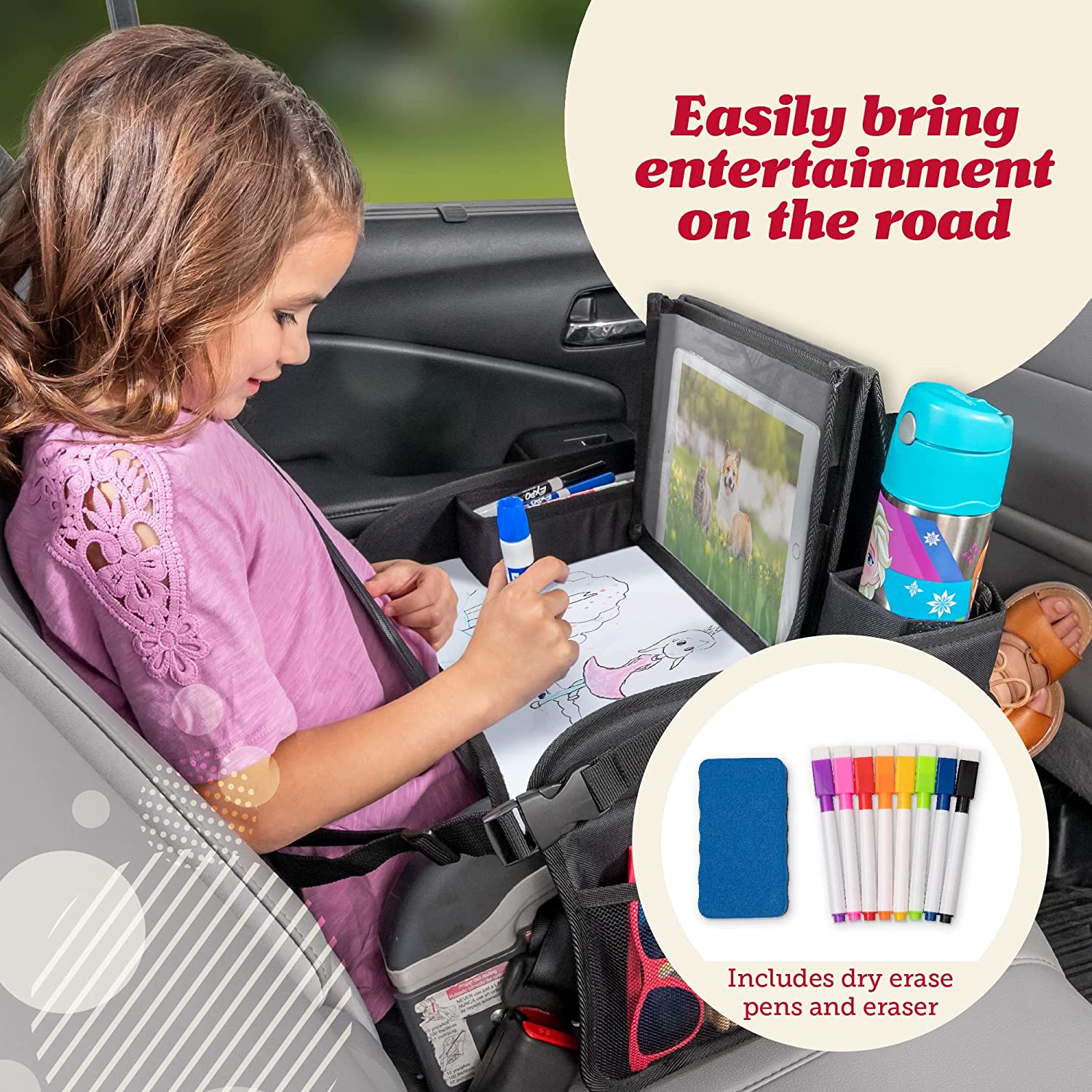 Lusso Gear Kids Travel Tray with Dry Erase Board, Road Trip Essentials Kids,  No-Drop Tablet Holder, Lap Desk, Cup Holder, Toddler Toy Storage, Fits  Airplane and Booster Seat (Geometric)