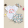 thumbnail image 2 of Bslissey Baby Girls 3Pcs Summer Outfits Short Sleeve Letter Rainbow Print Romper + Flower Print Shorts + Headband 3M 6M 12M 18M Infant Cute Casual Shorts Set, 2 of 8