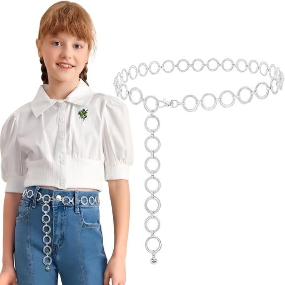 OQRKI Kids Metal Waist Chain Belt,Shiny Adjustable Chain Waist Belt for Girls Dress,Skirts,31.1″