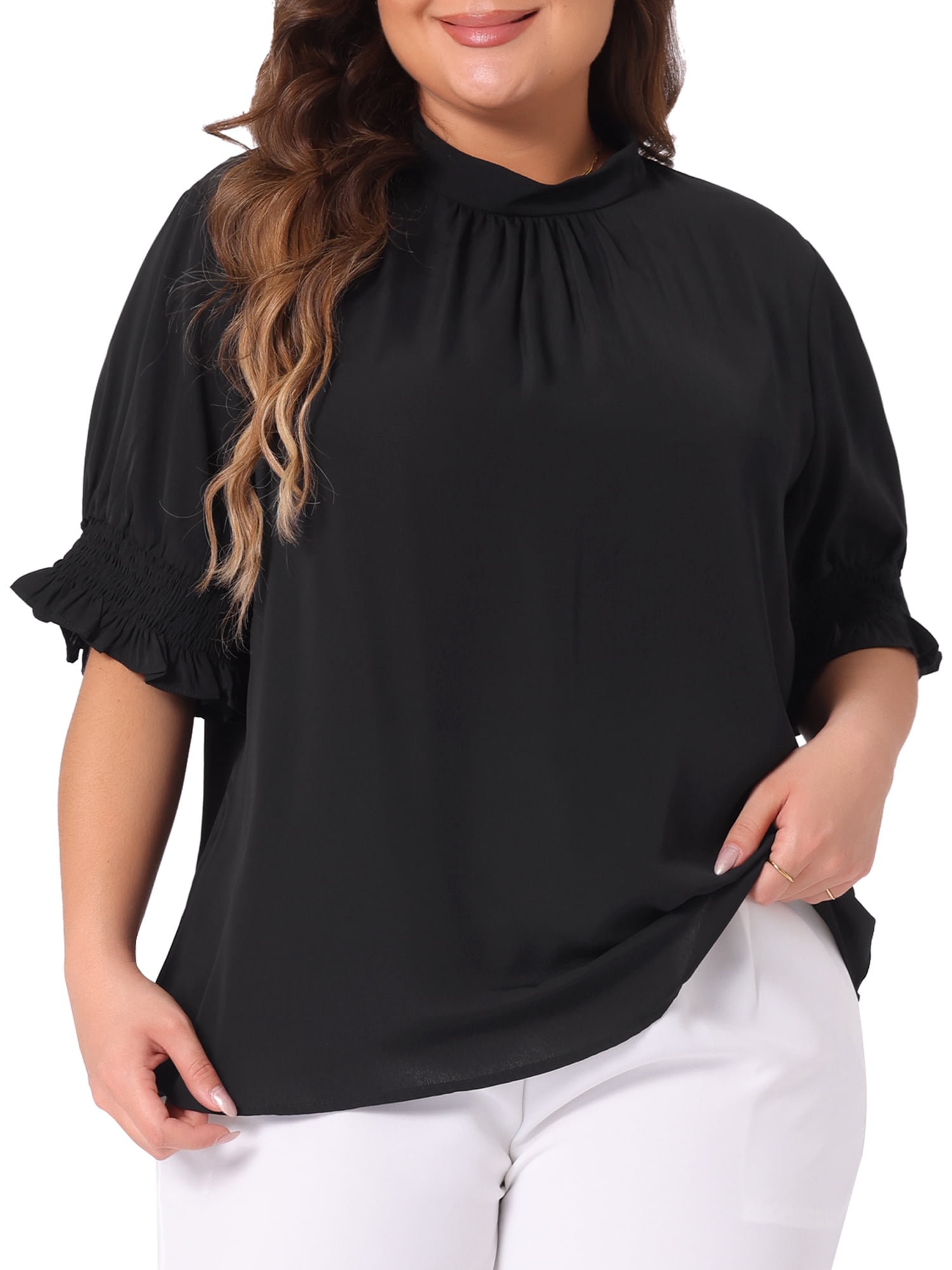 DARING DIVA Women's Plus Office Pleated Short Puff Sleeves Mock Neck Top 1X Black