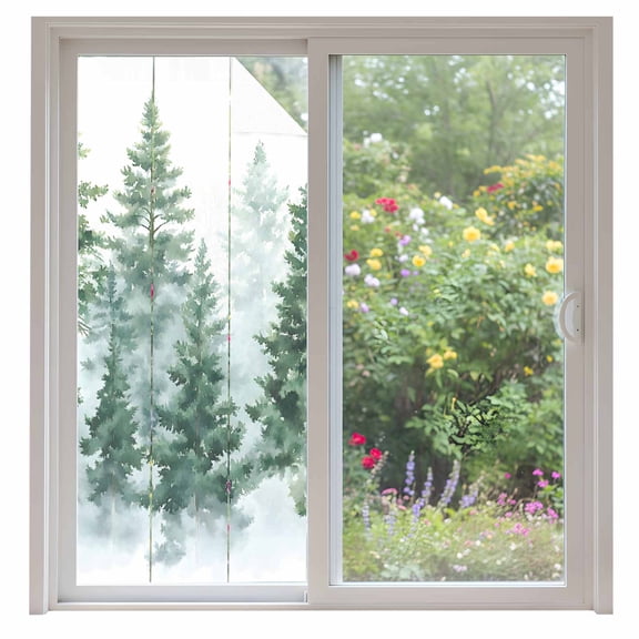 Forest Green Window Privacy Film, Spring Summer Watercolor Pine Tree Static Cling UV Sun Blocking Heat Control Window Tint Day and Night, Non-Adhesive One Way Windows Privacy Cover 35.4''x78.7''