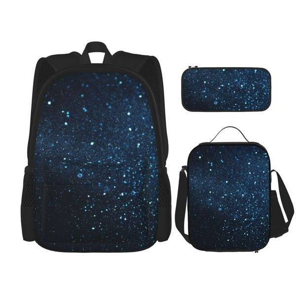 Easygdp Blue Glitter Retro Mochila para Niños y Niñas con Set de Caja de Almuerzo y Estuche para Lápices 3 en 1, Mochila Escolar Estampada para Adolescentes