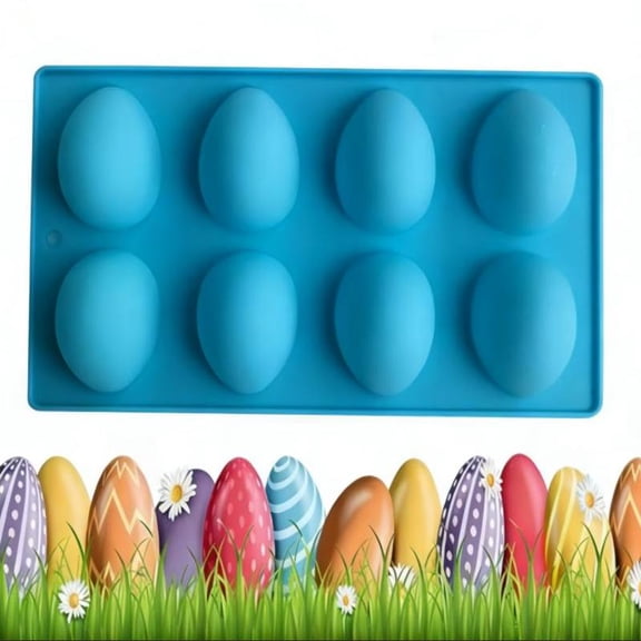 Easter Egg Molds for Chocolate, 8-cavity Egg Shaped Silicone Mold for Easter Cake Decorating Diy Baking Peanut Butter Candy Soap Wax (Blue)