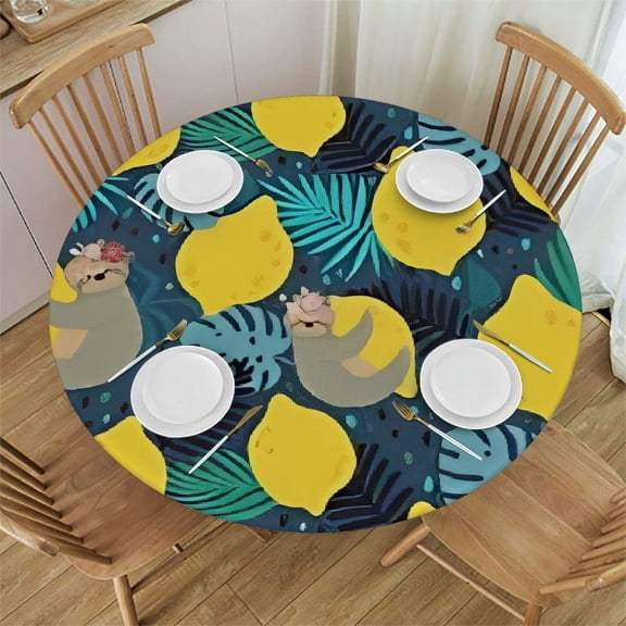 HAOXIT Tropical Sloth Lemon Leaves Fitted Round Tablecloth Waterproof Table Cloth with Elastic Edge Wipe Clean Table Cover for Indoor Outdoor  31"-35