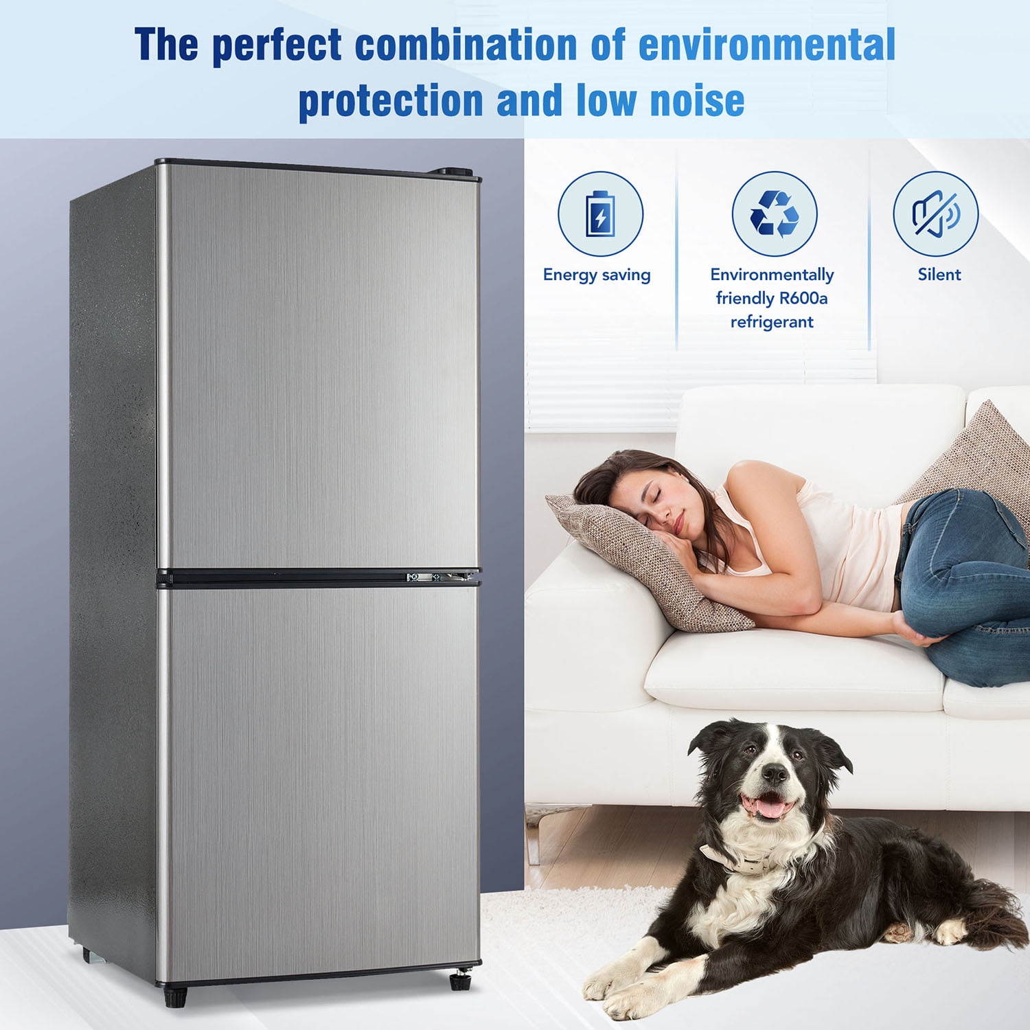 Spaco 3.6Cu.Ft Dual Zone Refrigerator, 2.2+1.4Cu.Ft 4 Star Freezer, 7 Temperature Settings, 45 dB, 166kWh/Year, Brushed Gray Silver Spaco 3.6Cu.Ft Dual Zone Refrigerator, 2.2+1.4Cu.Ft 4 Star Freezer, 7 Temperature Settings, 45 dB, 166kWh/Year, Brushed Gray Silver