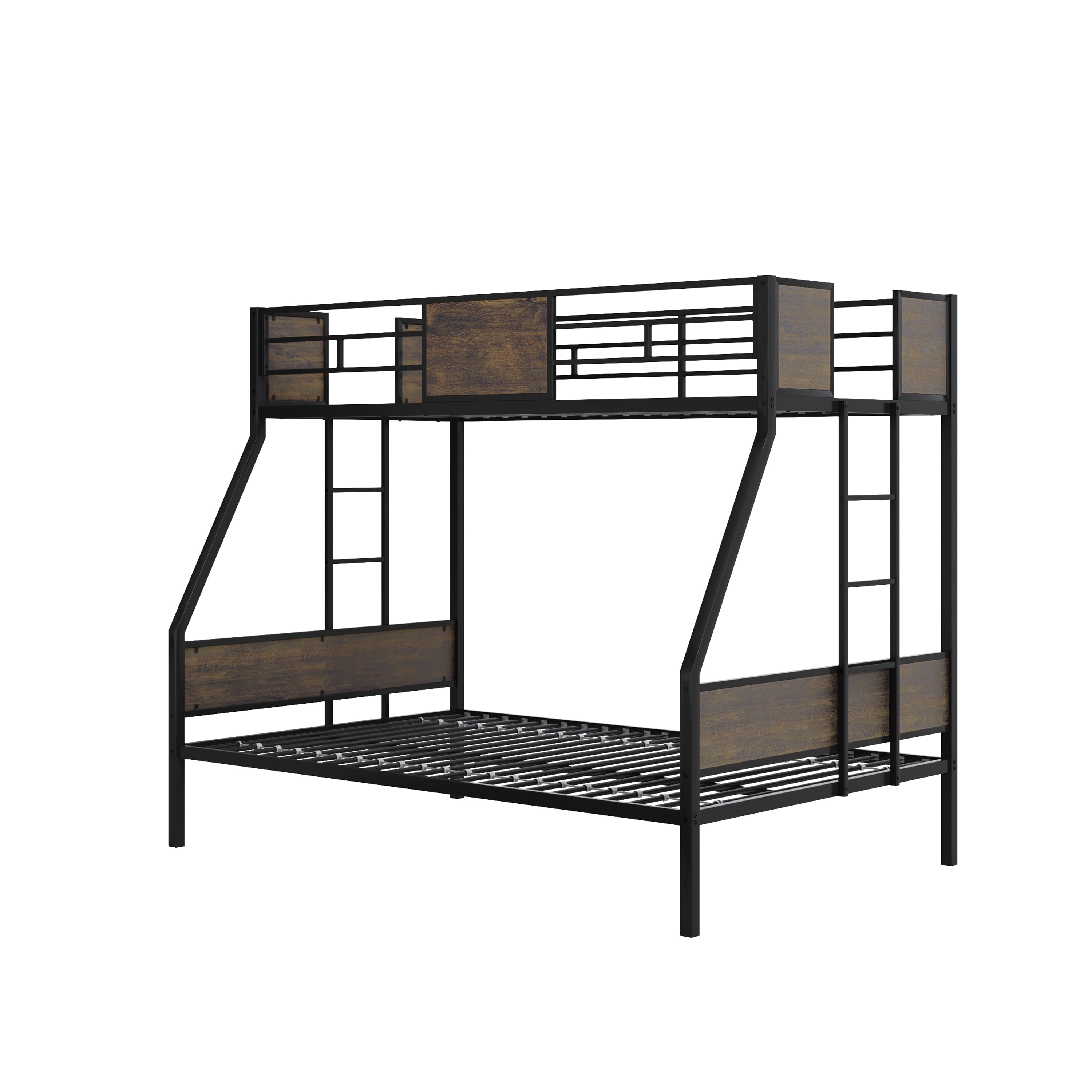 Bunk Bed with Trundle, Twin Over Full Bunk Bed - Metal and Wood Frame with Safety Guardrail and 2 Ladders, Includes Protective Board Supports, Space Saving Design, Easy Assembly, Brown