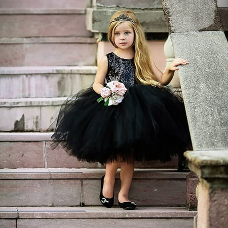 

THE WILD Girls Dresses Elegant Sequin Pettiskirt Solid Color O-Neck Sleeveless Midi Girls Dresses Black