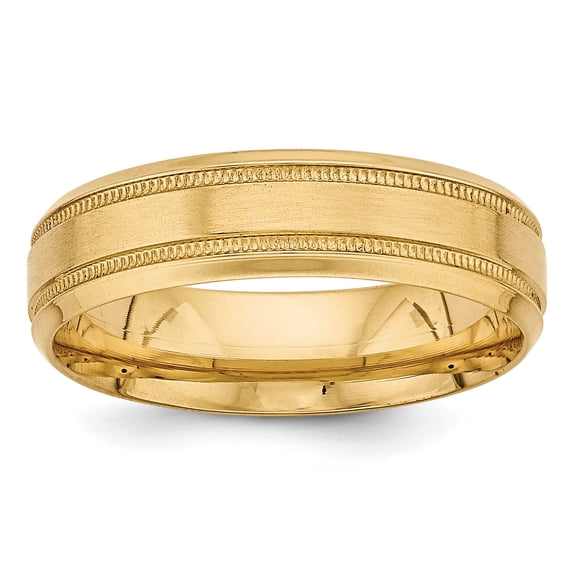 14k Yellow Gold 6mm Standard Weight Comfort Fit Brushed Satin/Polished Milgrain Grooved Edge Wedding Band Size 11 YB101S