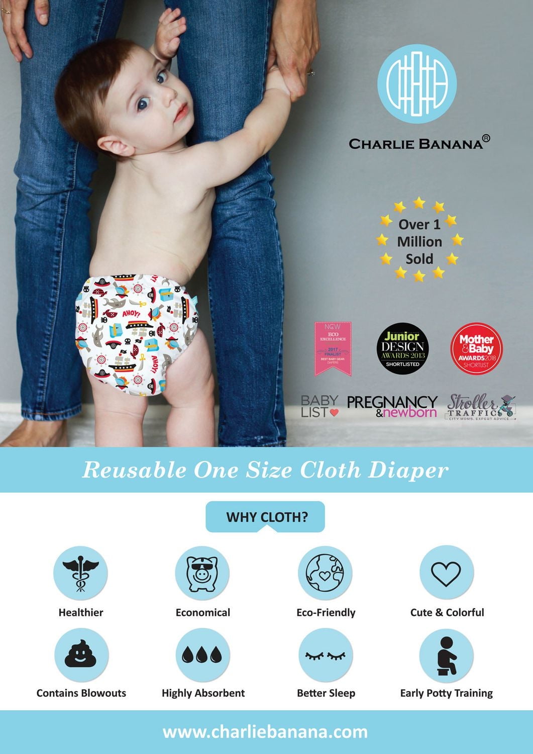 Charlie Banana 6 Inserts Oceana Hybrid All-in-One Reusable Diapers
