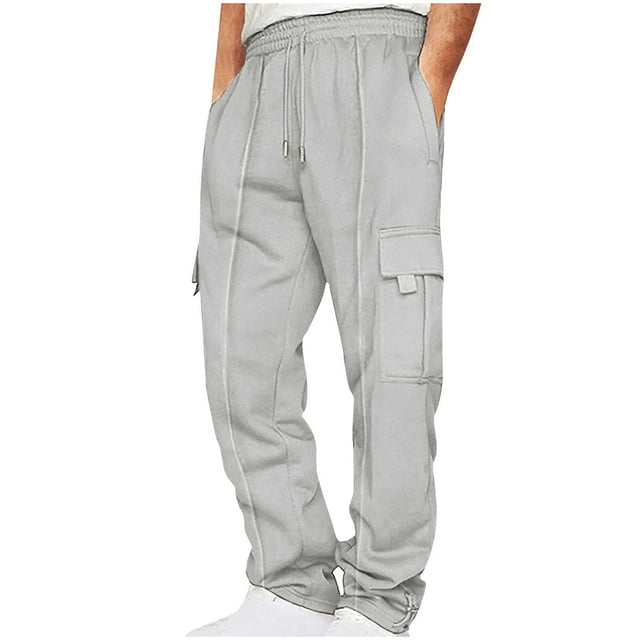 Pisexur Sweatpants for Men High-end Fabric Work Pants for Men,Men Solid-Color Loose Drawstring Elastic Waist Multi-Pocket Workwear Sports Pants Gray,M