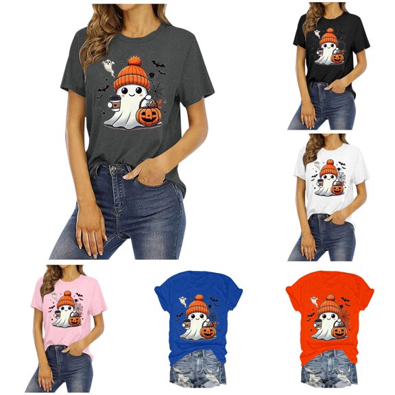 Yuhangmm Womens Halloween Shirts Halloween Tee Casual Short Sleeve Crew Neck Top Holiday Party Outfit with Spooky Graphic Grey M