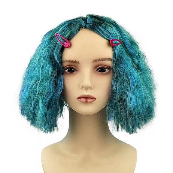 Short Wavy Deep Blue Wig with Hairpins Kids Child Fun Emotion Anime Cosplay Wig