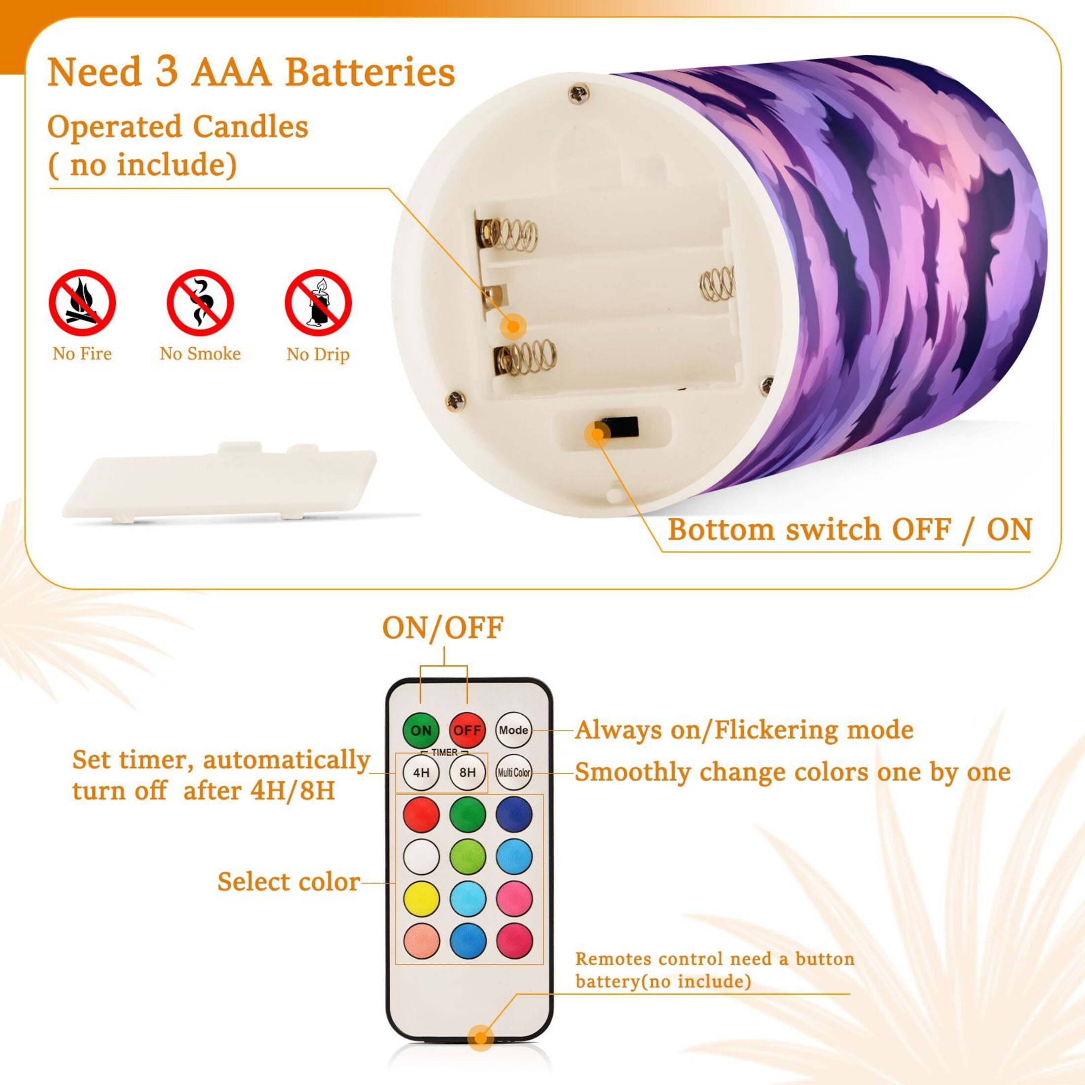 2 PCS Flameless Candles with Remote Timer LED Battery Operated Flickering Candle Light for Wedding Table Home Decoration Gifts Purple Bats Pattern
