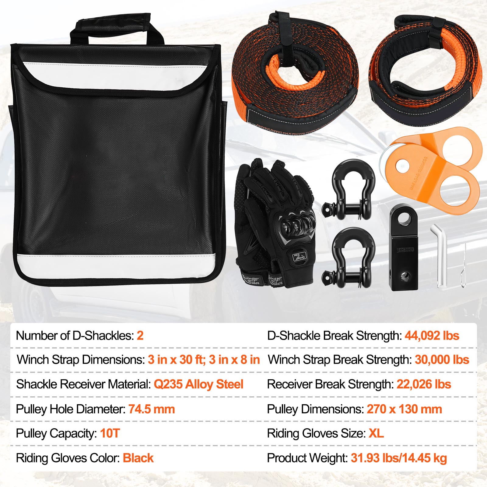 KFFKFF Off-Road Recovery Kit, 3" x 30' Tow Straps Heavy Duty with Hooks 30,000 lbs Winch Strap Kit, 44092 lbs D-Ring Shackles, Shackle Receiver