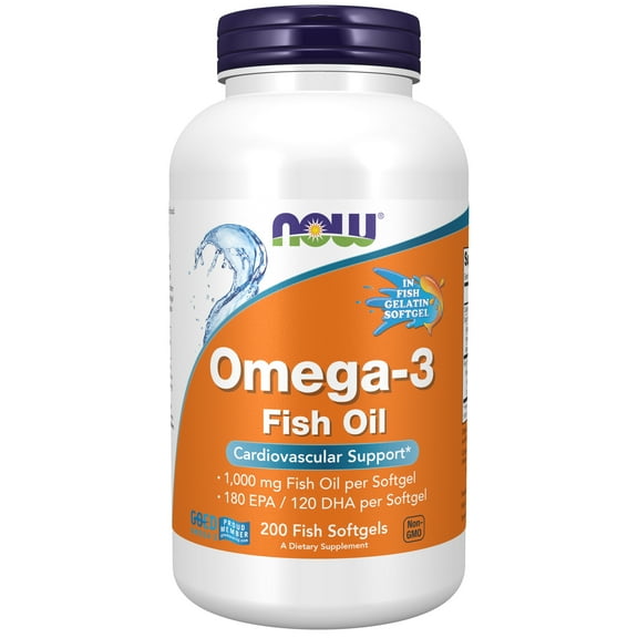 NOW Supplements, Omega-3 180 EPA / 120 DHA, Molecularly Distilled, Cardiovascular Support*, 200-Fish Gelatin Softgels