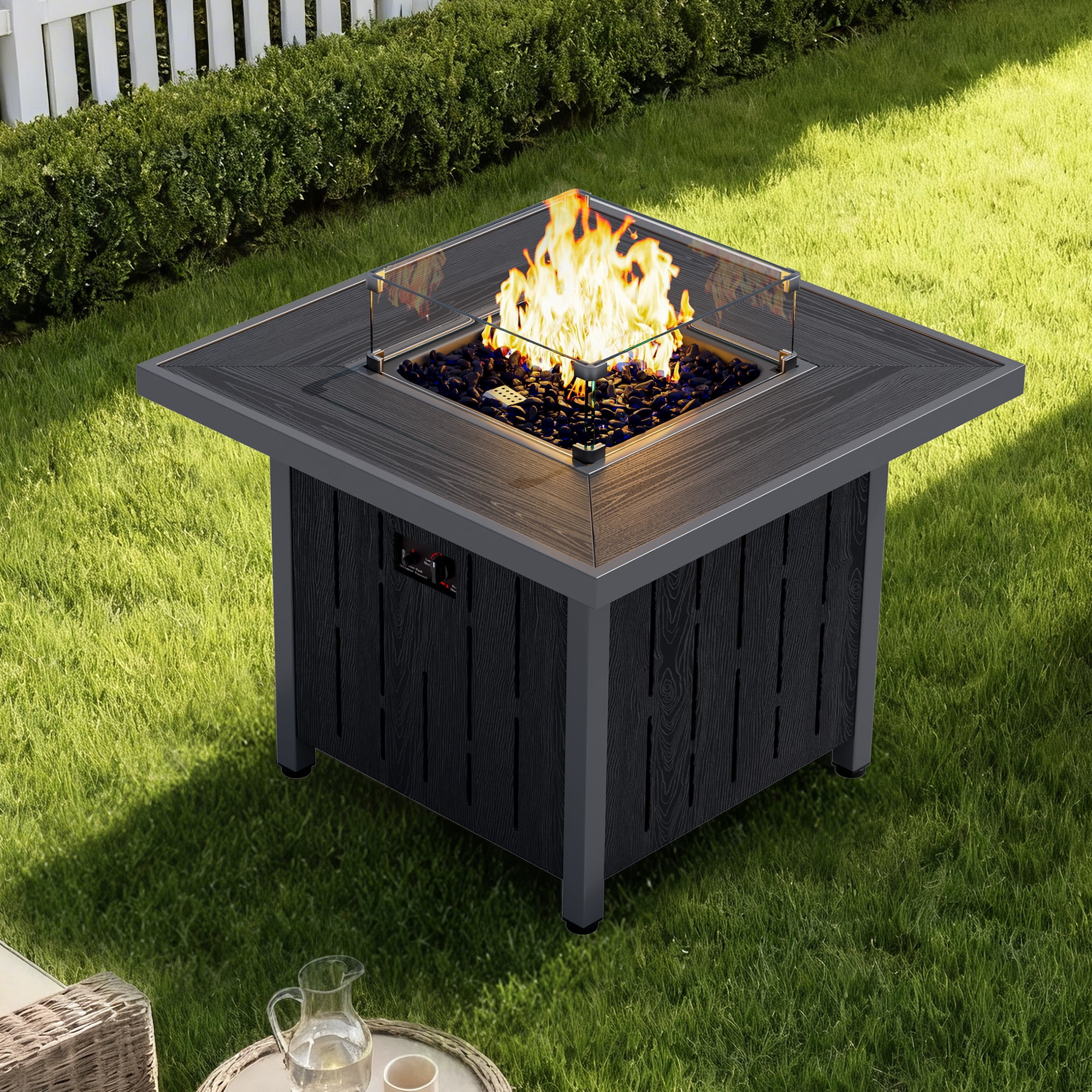 SERWALL Propane Fire Pit Table, 33 Inch Square Outdoor Fire Table with Lid, 50,000 BTU Gas Fire Pit Table with Glass Wind Guard, HDPE Fireplace for Patio, Black