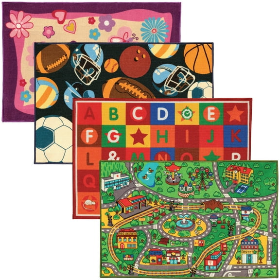 Excello Global Products Kids Activity Rugs - 4 Pack - 47.2 x 31.5 inch Rugs - Roads, Alphabet, Flowers, Sports - EGP-HD-0363