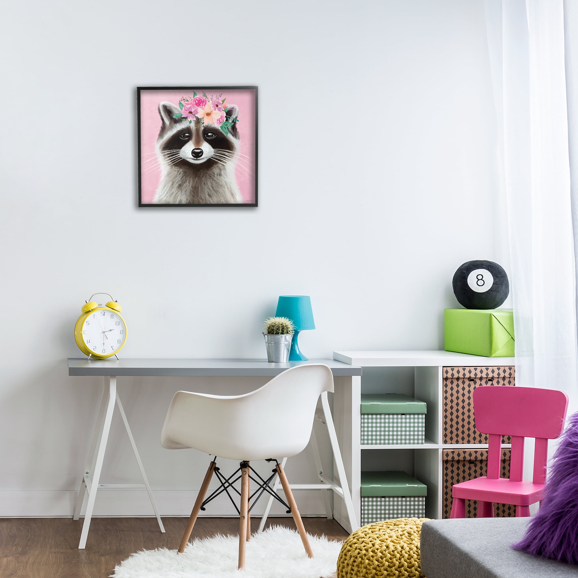 Stupell Industries Pink Florals Raccoon Animals & Insects Painting Black Framed Art Print Wall Art, 17 x 17