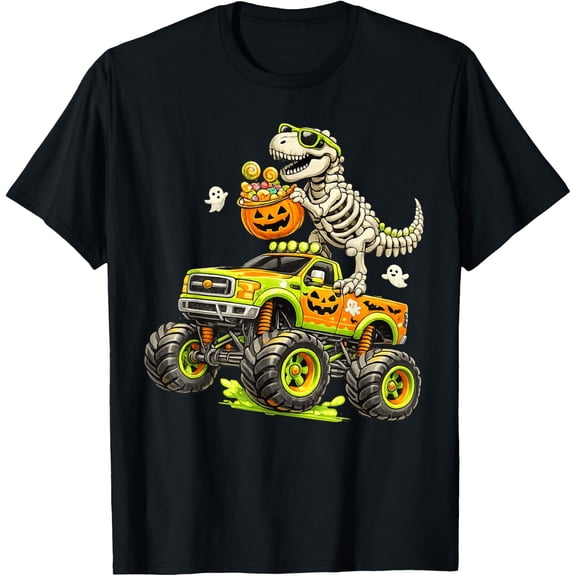 Monster Truck Dinosaur Halloween Skeleton T-Rex T-Shirt