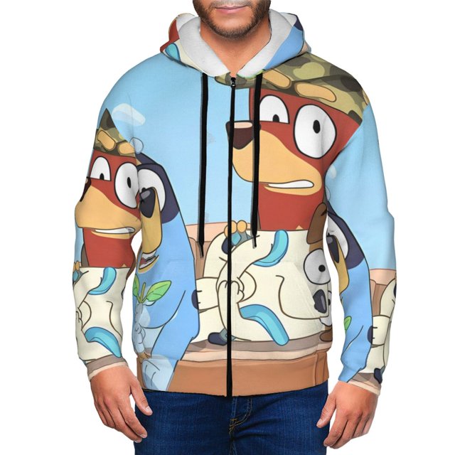 Zufioo Bluey Pattern Men's Premium Zip-Up Hoodie, Soft Sweatshirt, Moisture Wicking & Breathable Jacket-XX-Large