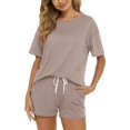 thumbnail image 3 of SMZ Women's Pajama Sets Soft Comfy Lounge Set Loose Casual Stretch Loungewear Short Sleeve Top and Shorts with Pocket, 3 of 5