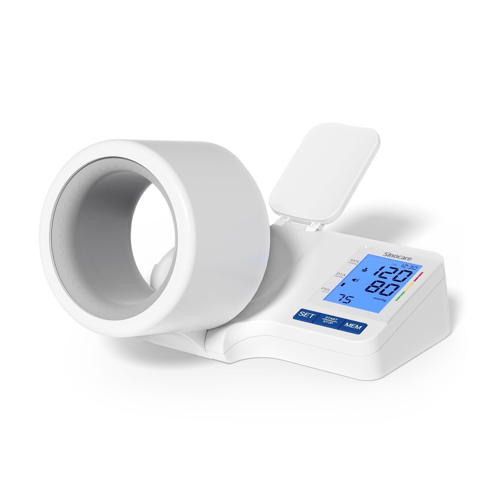 Sinocare Barrel Style Tunnel Blood Pressure Monitor with Voice Broadcast, No-Wrap Auto-Fit Arm Chamber, Fits 11"-16.5" Arms, Large 3-Color Backlit Display, 2 User 90 Memory, USB-C & Battery Power